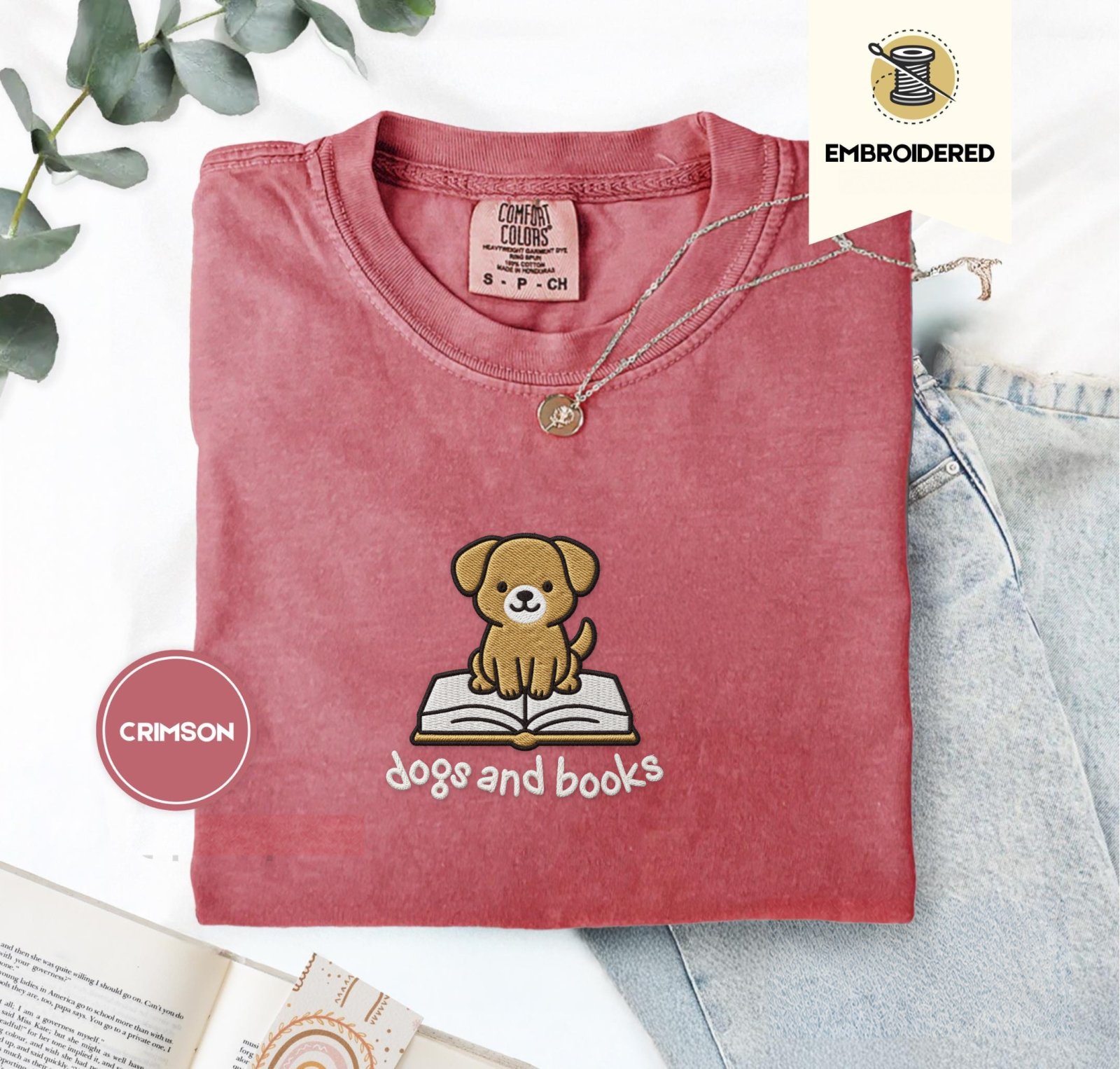 Crimson Dogs and Books Embroidered T-Shirt