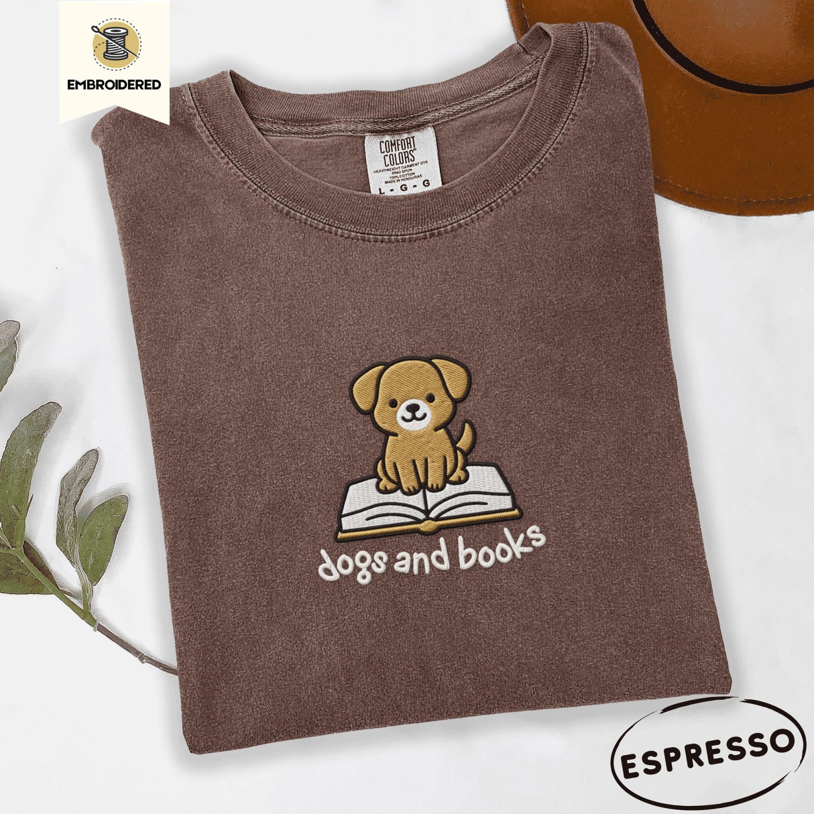 Espresso Dogs and Books Embroidered T-Shirt