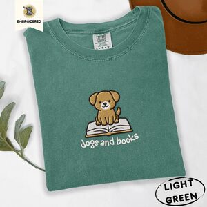 Light Green Dogs and Books Embroidered T-Shirt