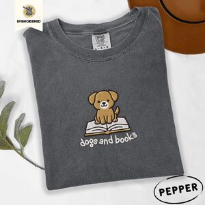 Pepper Dogs and Books Embroidered T-Shirt
