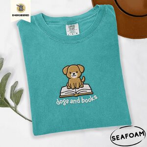 Seafoam Dogs and Books Embroidered T-Shirt