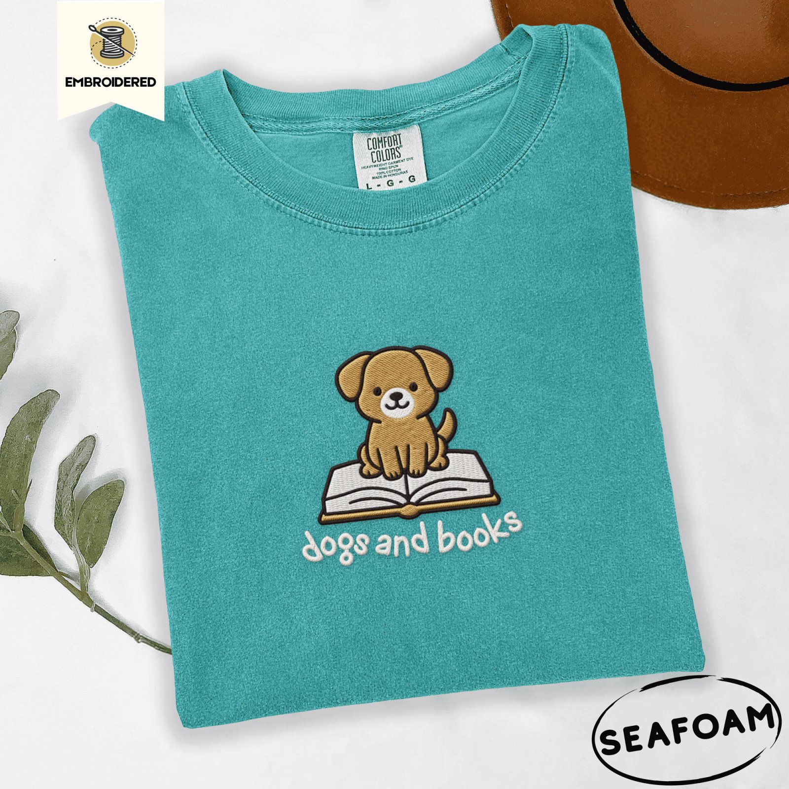 Seafoam Dogs and Books Embroidered T-Shirt