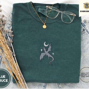 Blue Spruce Dragon and Crescent Moon Embroidered T-Shirt