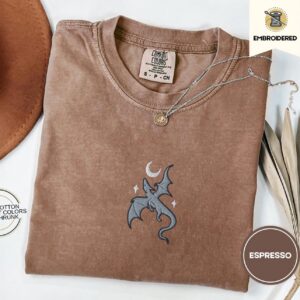 Espresso Dragon and Crescent Moon Embroidered T-Shirt