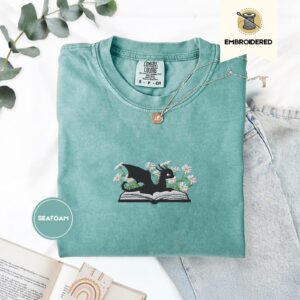 Seafoam Dragon and Daisies Embroidered T-Shirt