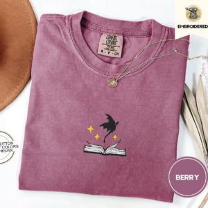 Berry Dragon and Open Book Embroidered T-Shirt