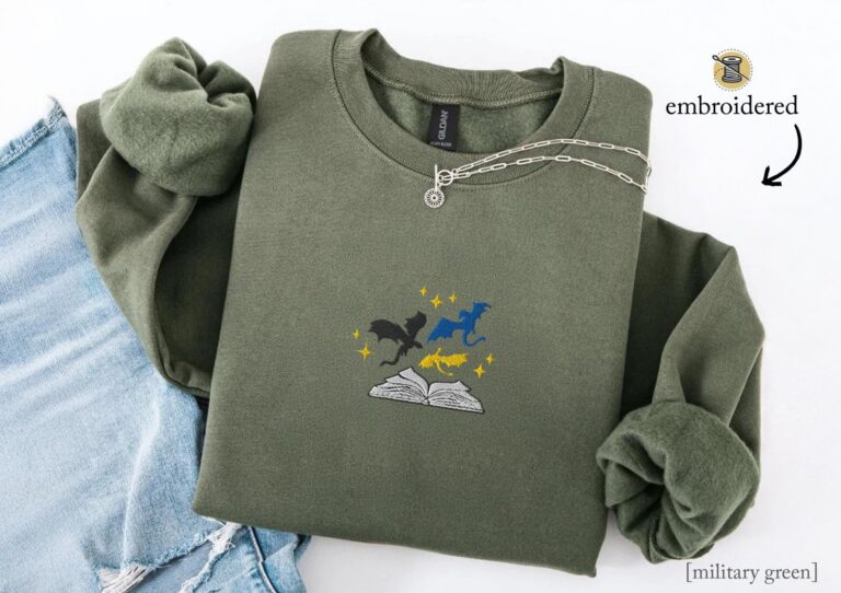 Military Green Dragons and Open Book Embroidered Sweatshirt