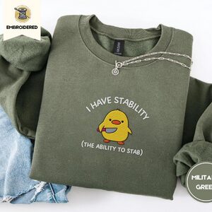 Military Green Duck With Knife Embroidered Sweatshirt