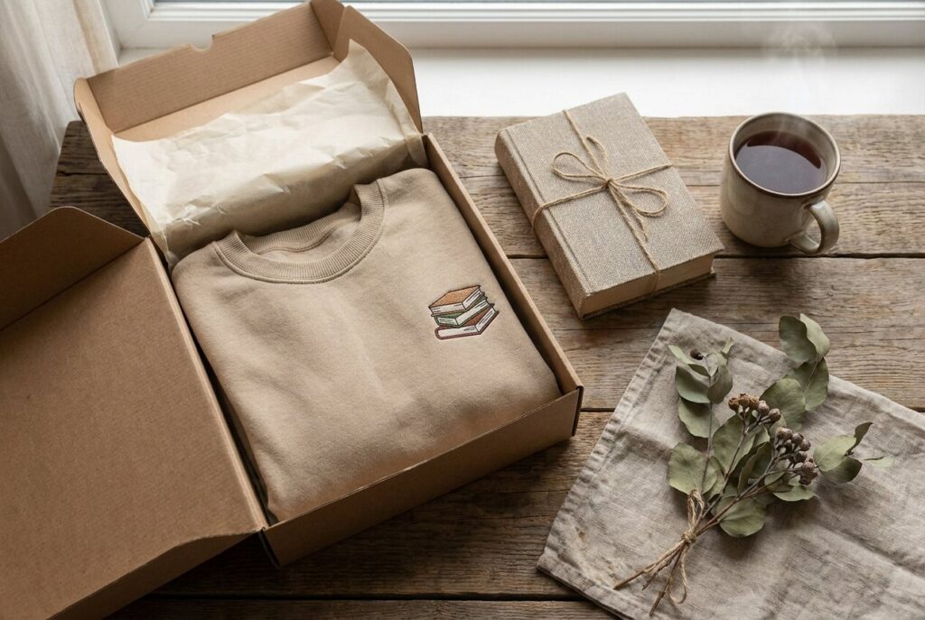 Gift box with an embroidered book stack sweatshirt, a wrapped book and a cup of tea