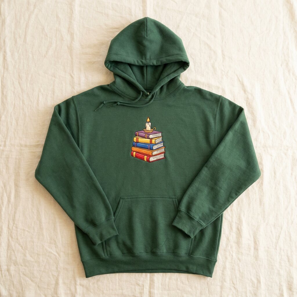Forest green hoodie with an embroidered stack of colorful books and a lit candle