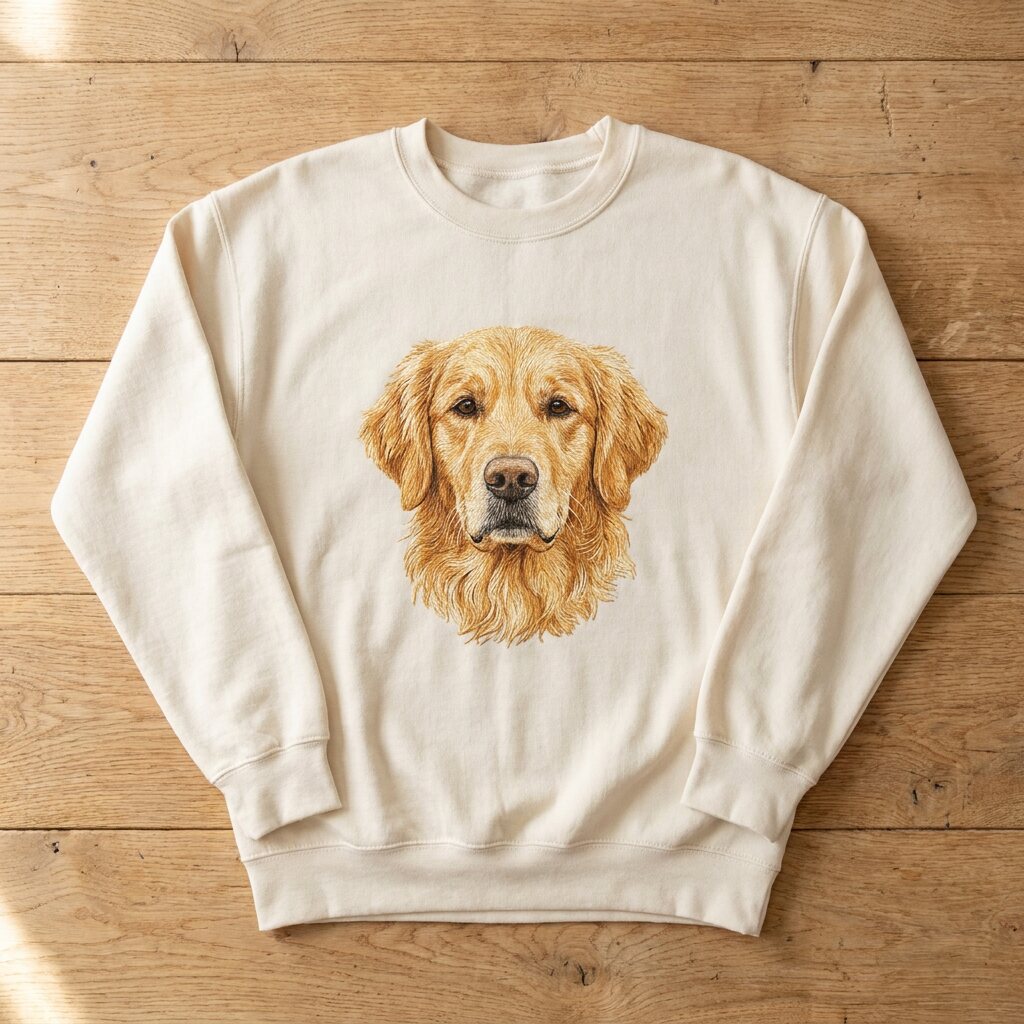 Cream sweatshirt with an embroidered golden retriever portrait