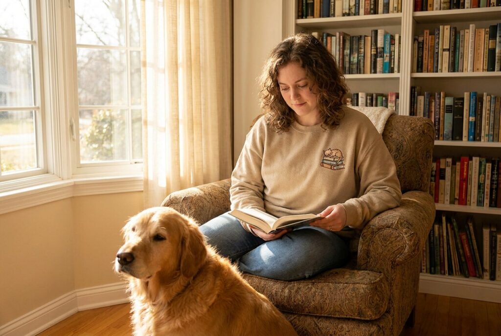 Woman reading in an armchair in an embroidered cat and books sweatshirt, with a golden retriever at her feet