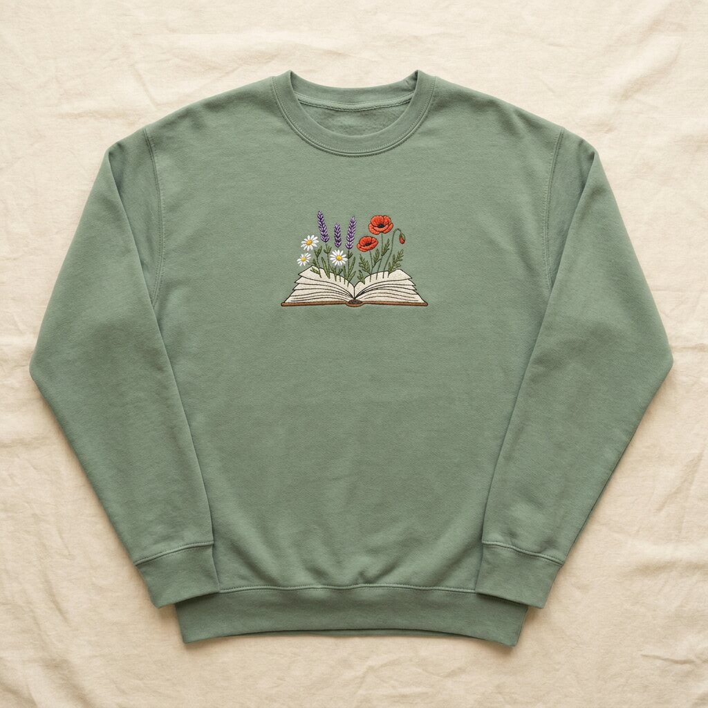 Sage green sweatshirt with an embroidered open book growing daisies, lavender and poppies