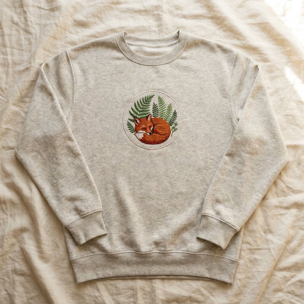 Heather gray sweatshirt with an embroidered red fox sleeping among fern leaves