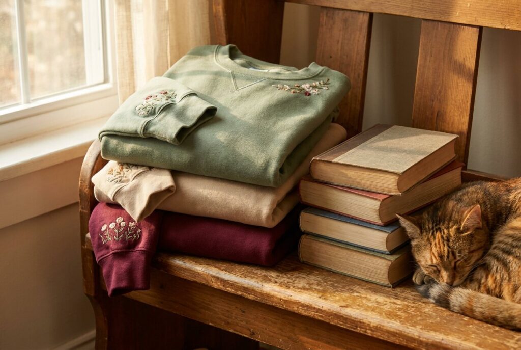 Folded embroidered sweatshirts beside a stack of books and a sleeping tabby cat