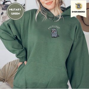 Person wearing a military green Excellent Raccoon Embroidered Hoodie
