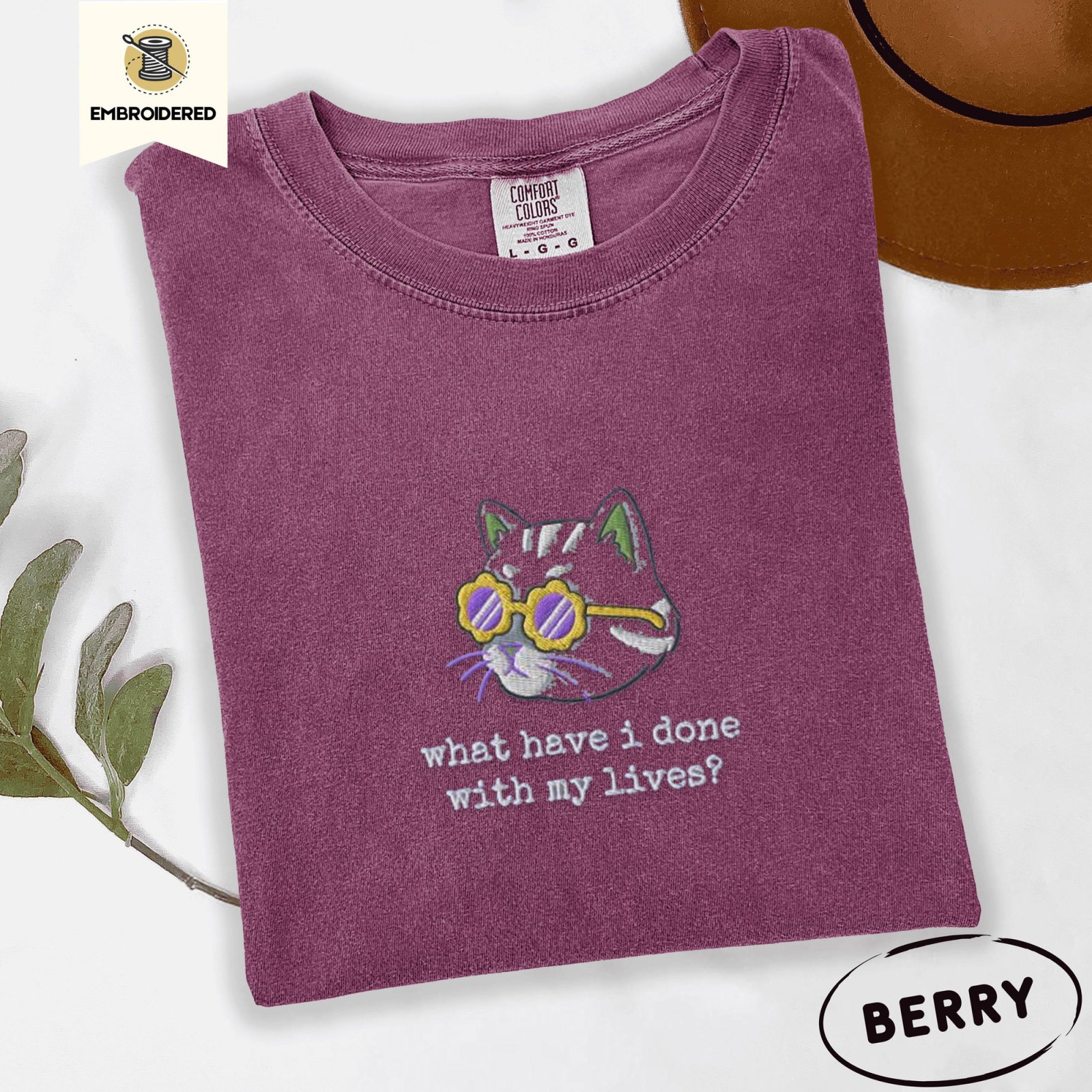 Berry Existential Cat Embroidered T-Shirt