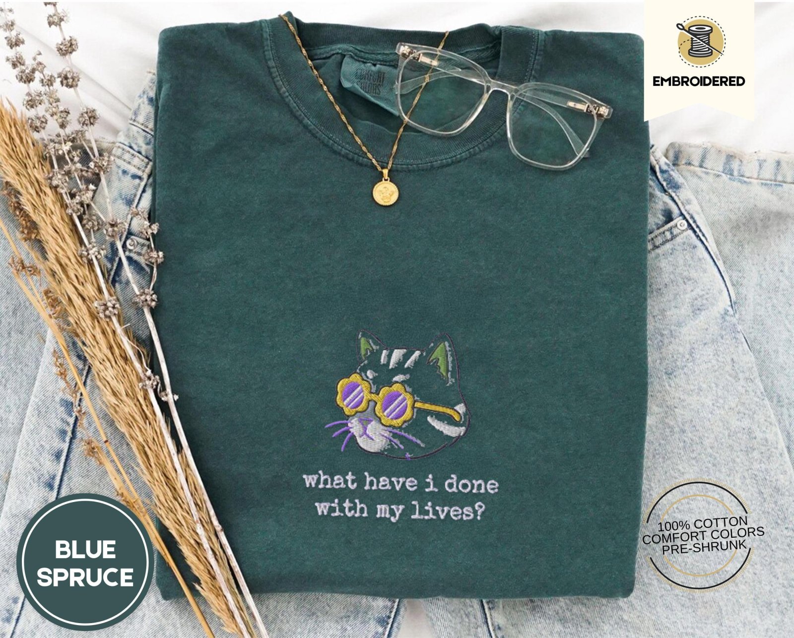 Blue Spruce Existential Cat Embroidered T-Shirt