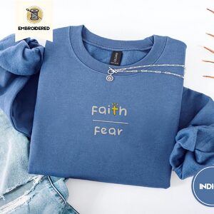 Indigo Blue Faith Over Fear Embroidered Sweatshirt