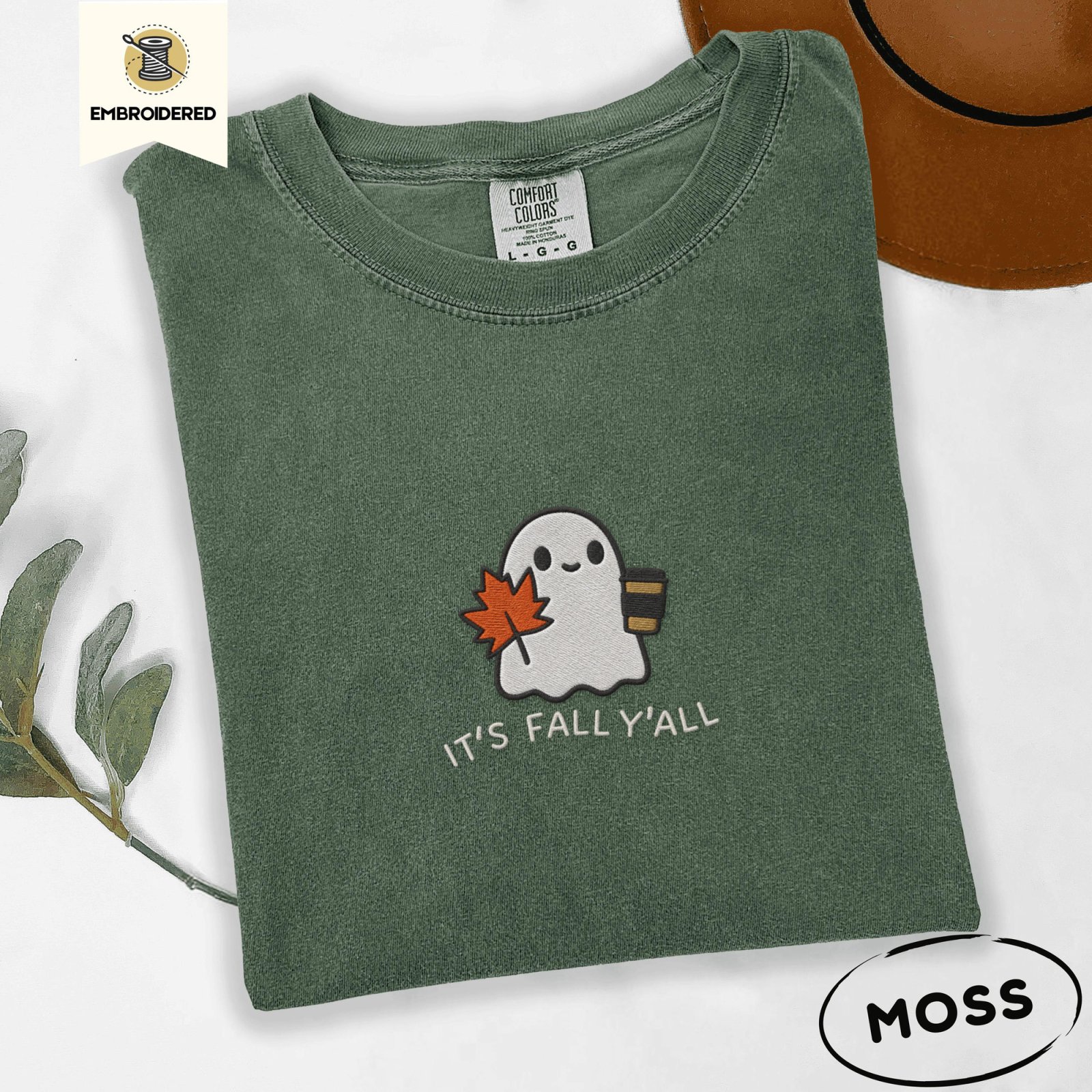 Moss Fall Coffee Ghost Embroidered T-Shirt