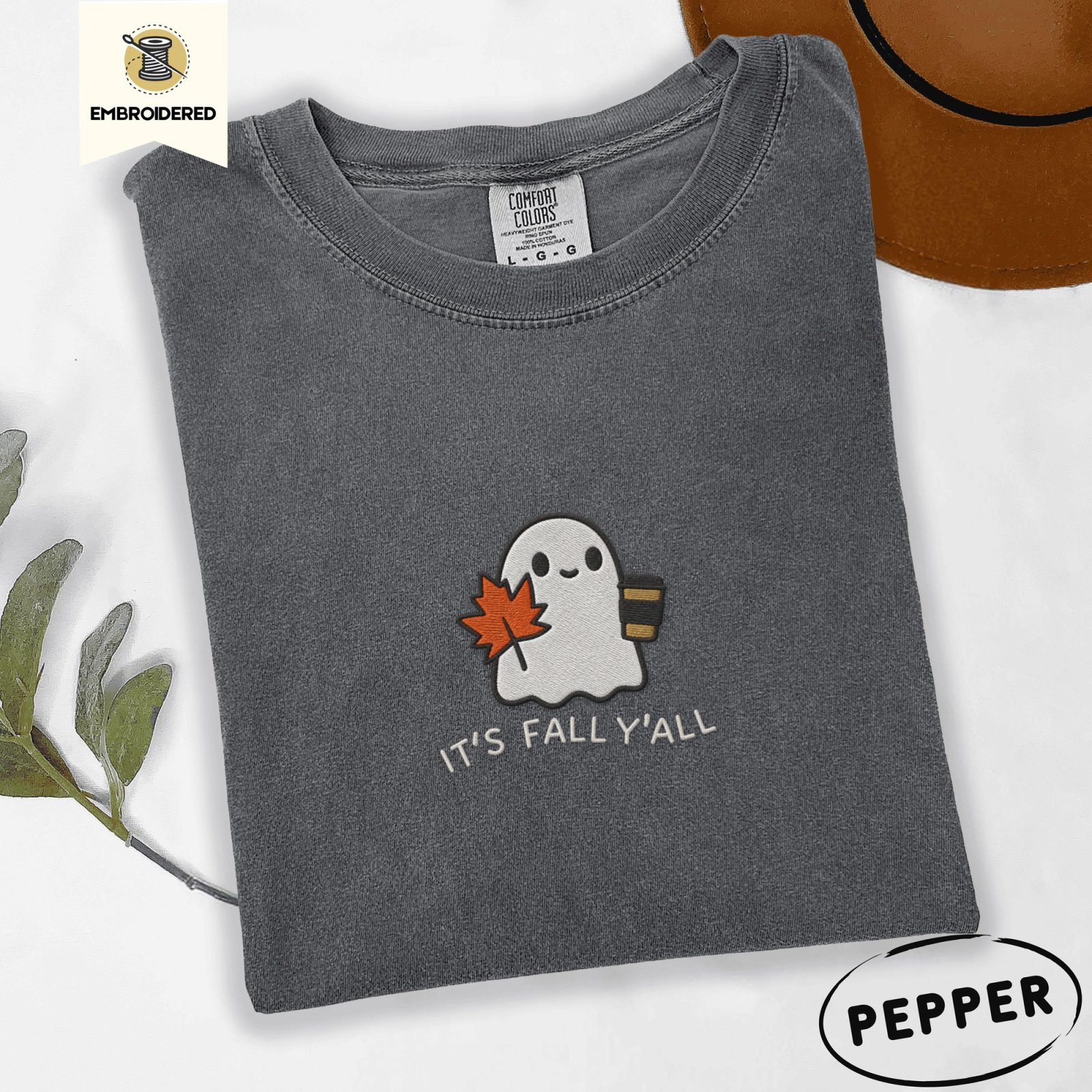 Pepper Fall Coffee Ghost Embroidered T-Shirt