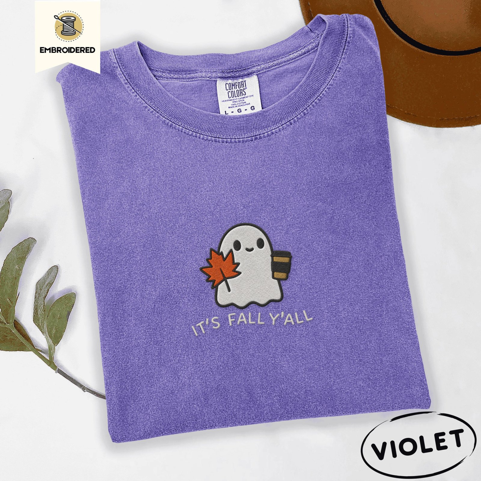 Violet Fall Coffee Ghost Embroidered T-Shirt