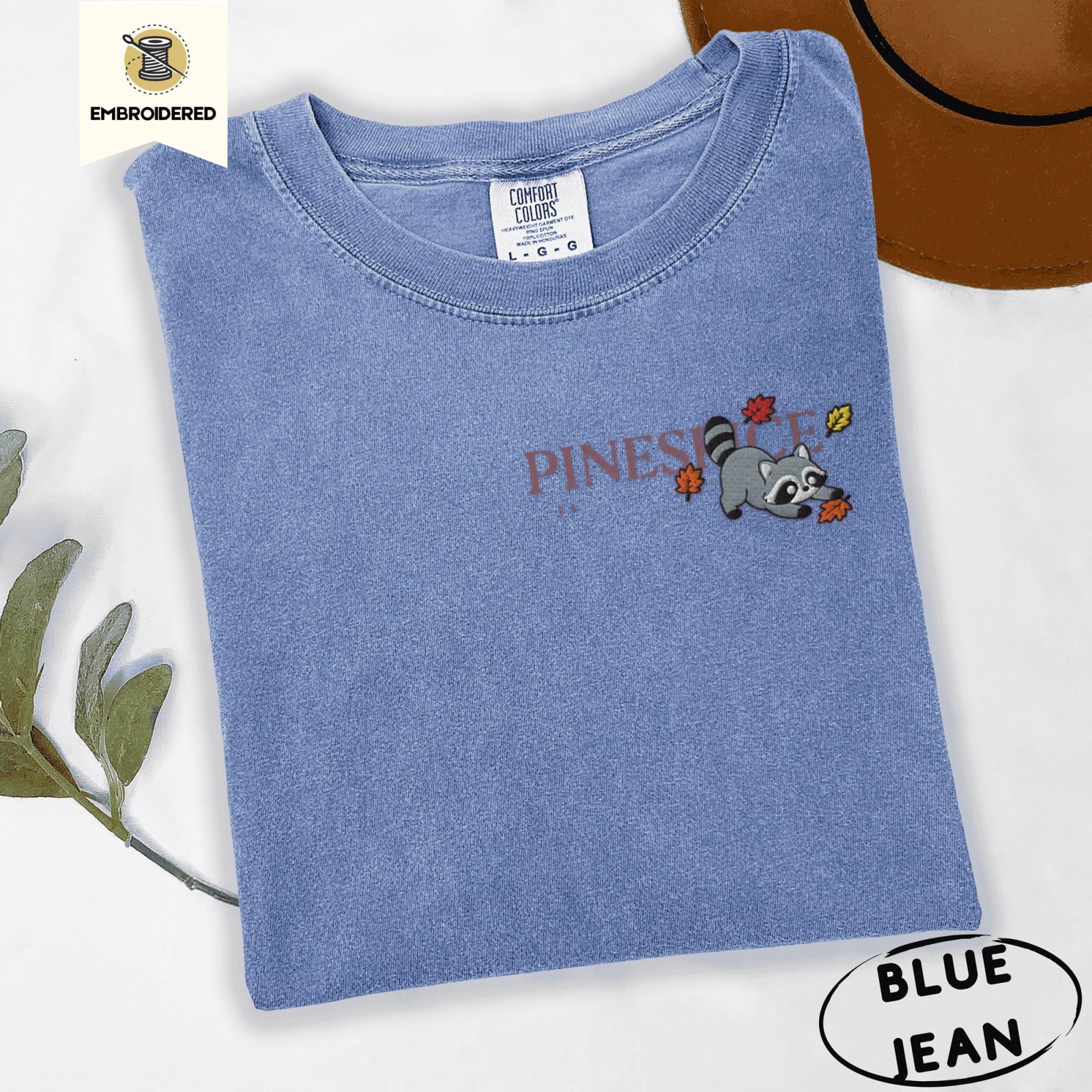 Blue Jean Fall Raccoon Embroidered T-Shirt