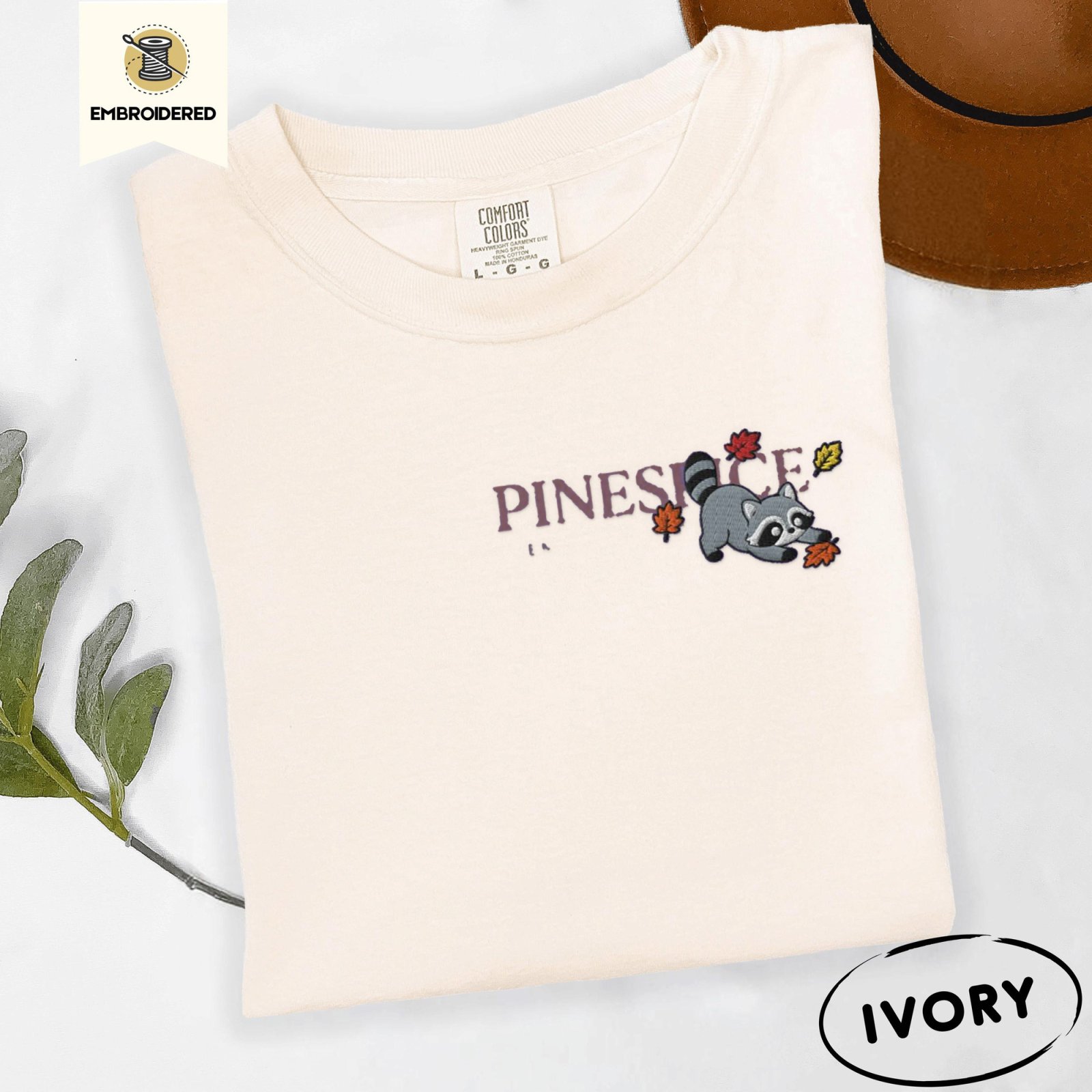 Ivory Fall Raccoon Embroidered T-Shirt