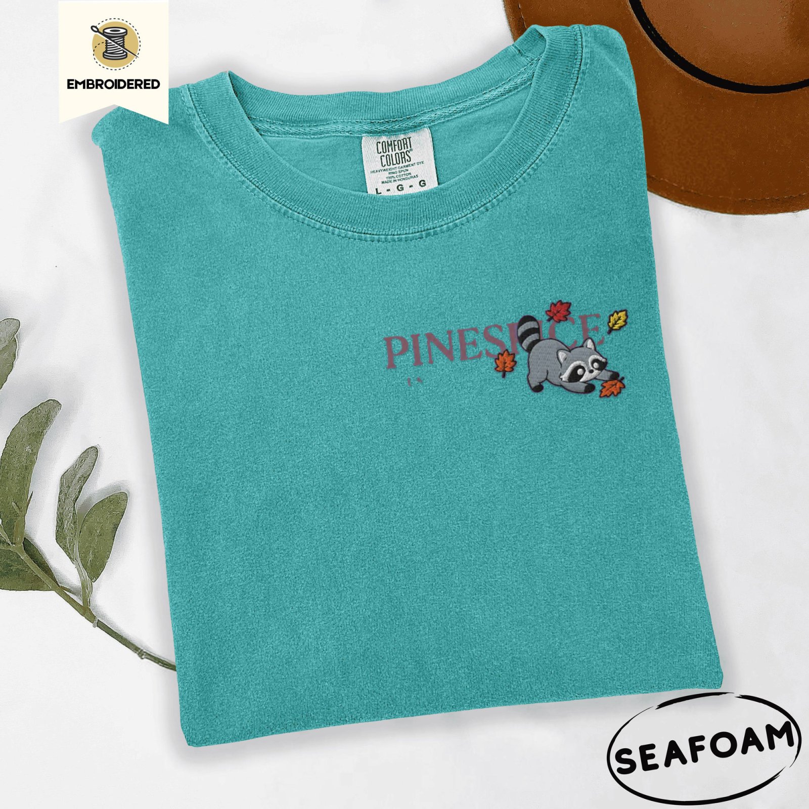 Seafoam Fall Raccoon Embroidered T-Shirt