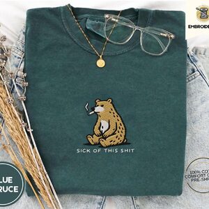 Blue Spruce Fed-Up Bear Embroidered T-Shirt