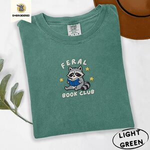 Light Green Feral Book Club Raccoon Embroidered T-Shirt