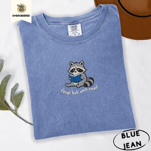 Blue Jean Feral But Well-Read Raccoon Embroidered T-Shirt