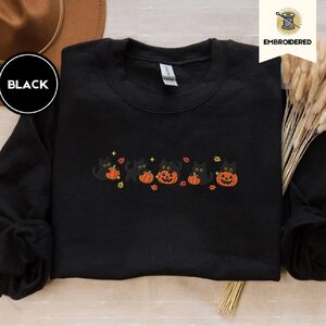 Black Five Cat Pumpkin Parade Embroidered Sweatshirt