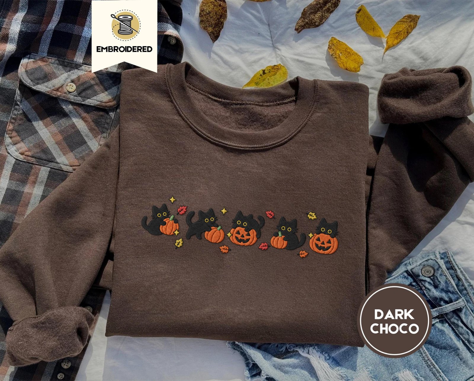 Dark Chocolate Five Cat Pumpkin Parade Embroidered Sweatshirt