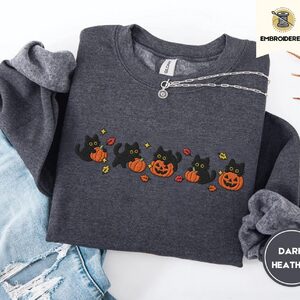 Dark Heather Five Cat Pumpkin Parade Embroidered Sweatshirt