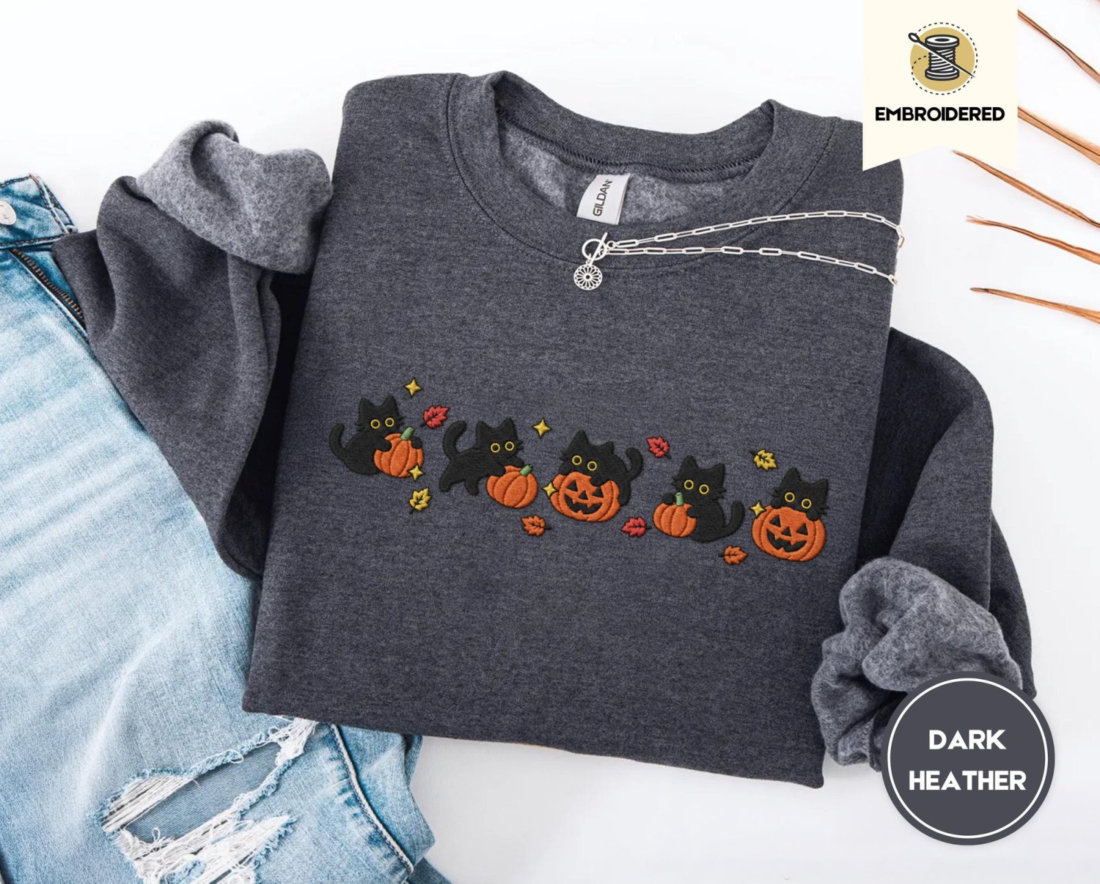 Dark Heather Five Cat Pumpkin Parade Embroidered Sweatshirt