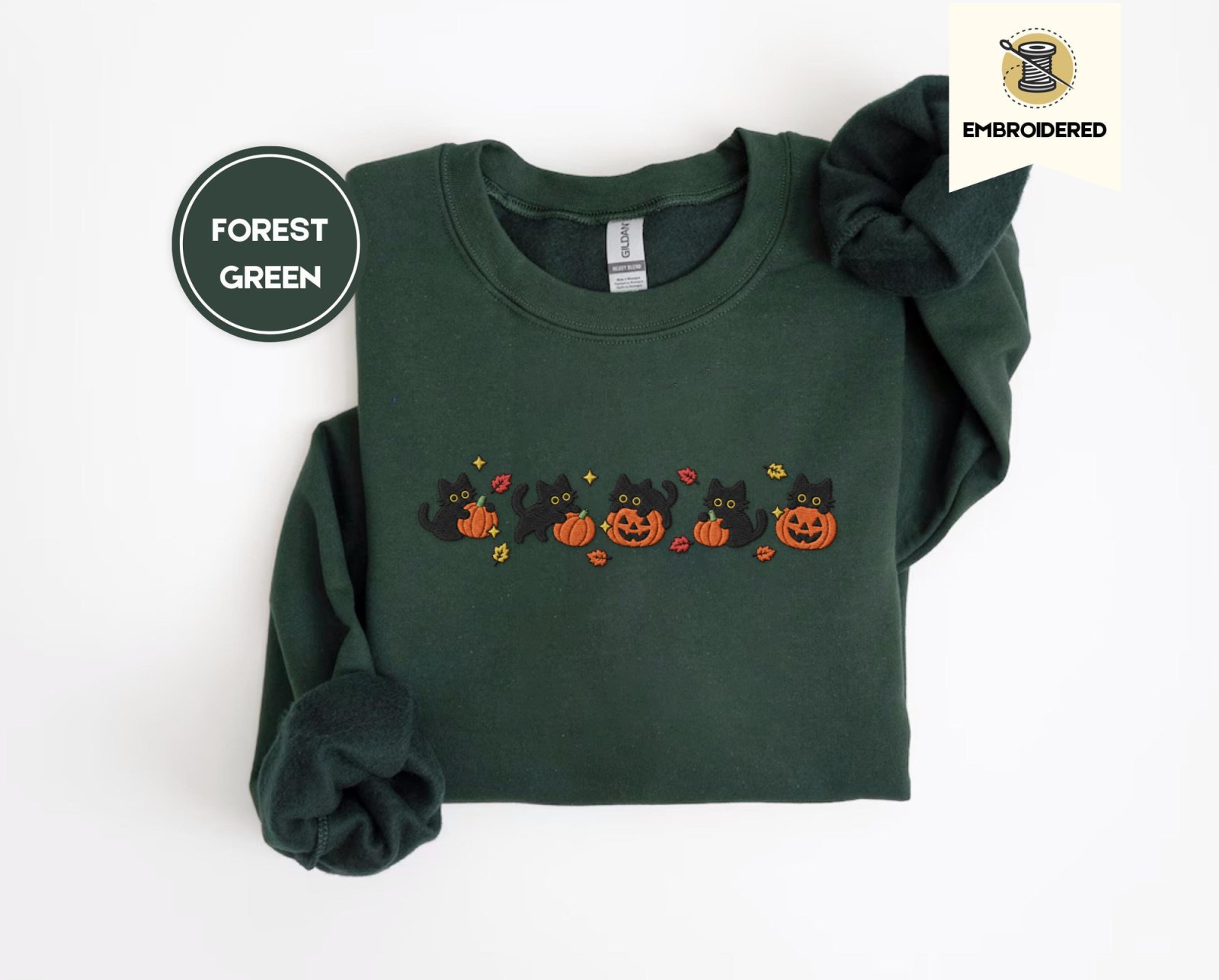 Forest Green Five Cat Pumpkin Parade Embroidered Sweatshirt