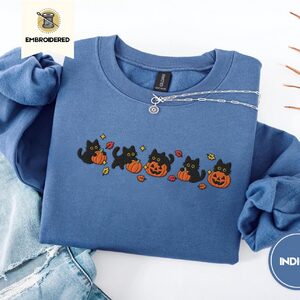 Indigo Blue Five Cat Pumpkin Parade Embroidered Sweatshirt