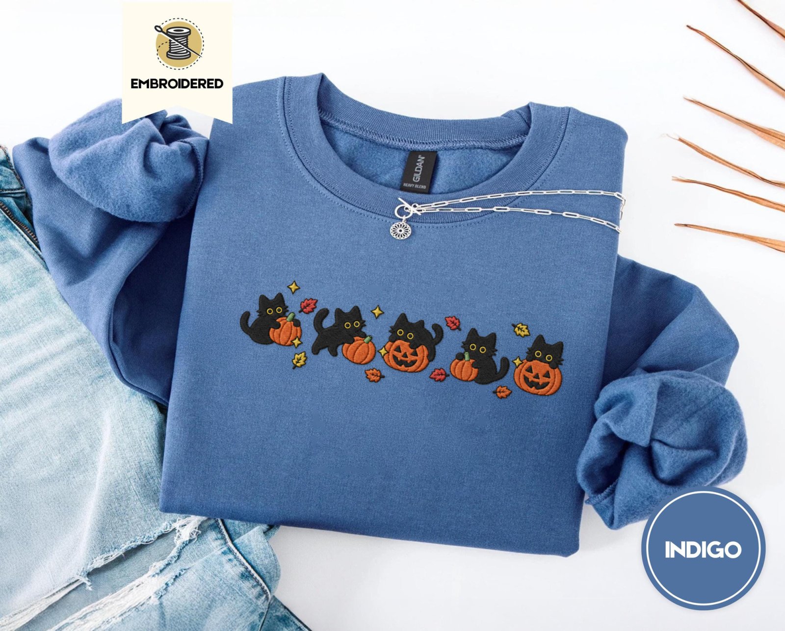 Indigo Blue Five Cat Pumpkin Parade Embroidered Sweatshirt
