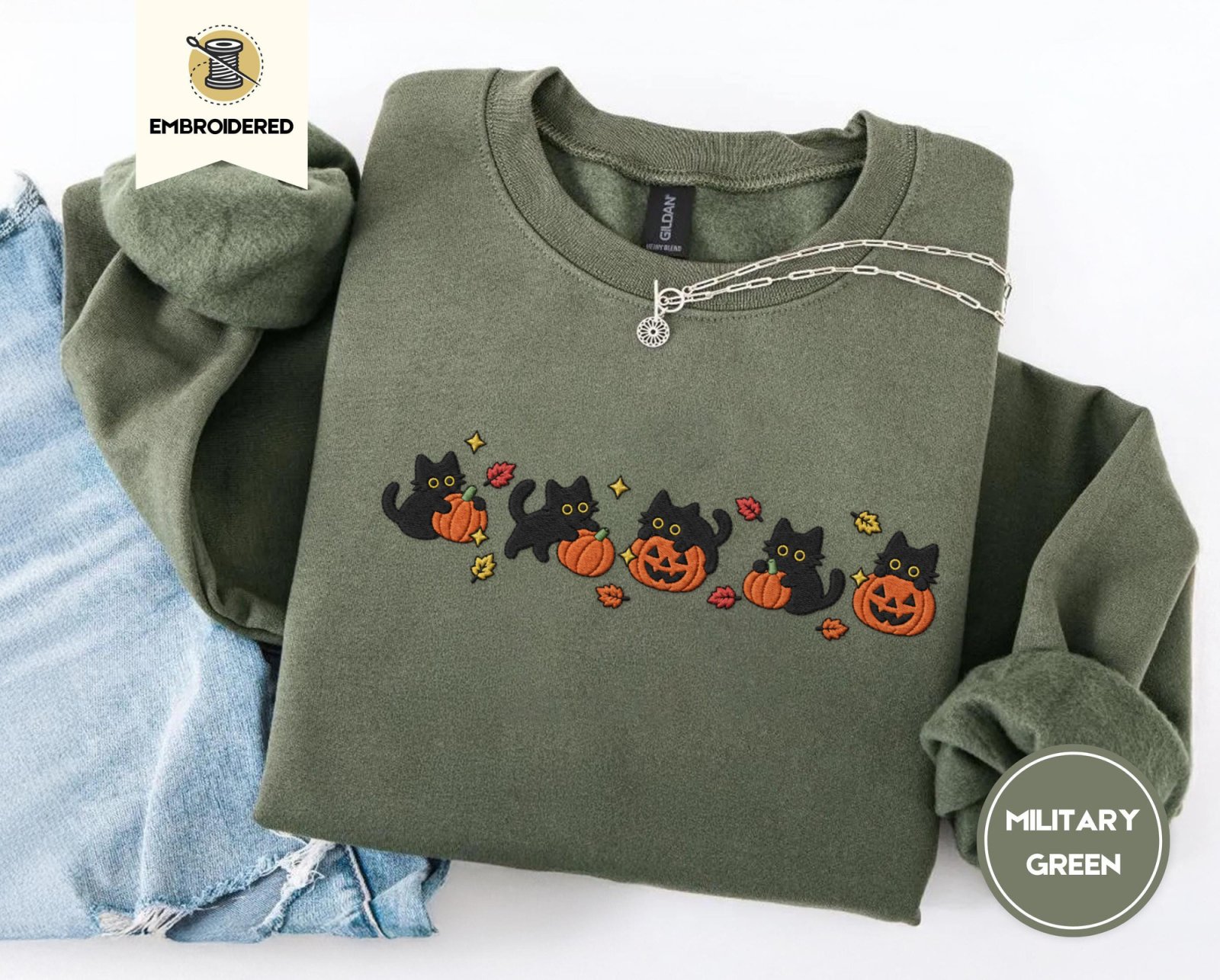 Military Green Five Cat Pumpkin Parade Embroidered Sweatshirt