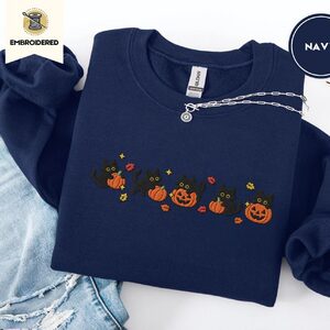 Navy Five Cat Pumpkin Parade Embroidered Sweatshirt