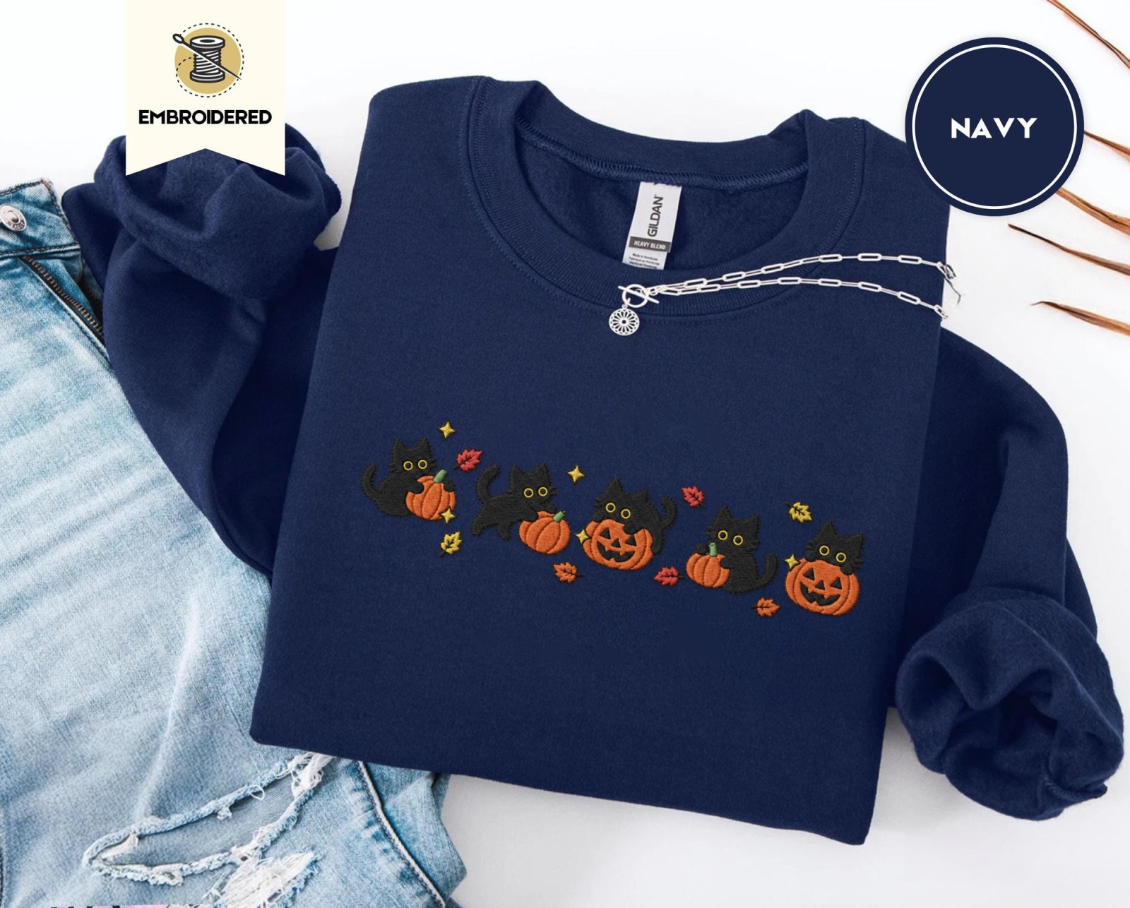 Navy Five Cat Pumpkin Parade Embroidered Sweatshirt