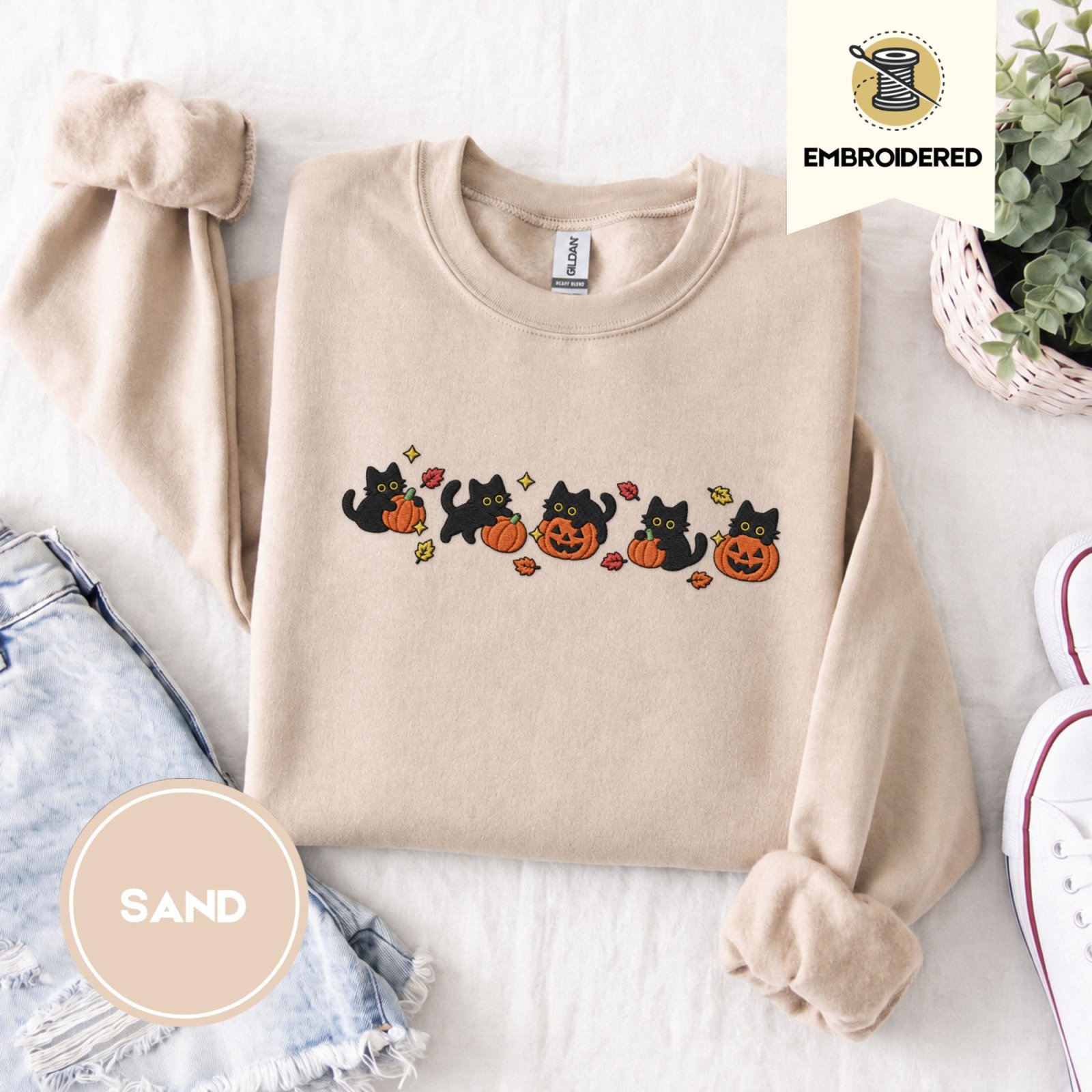 Sand Five Cat Pumpkin Parade Embroidered Sweatshirt