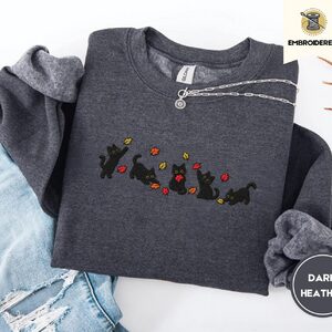 Dark Heather Five Playful Black Cats Embroidered Sweatshirt