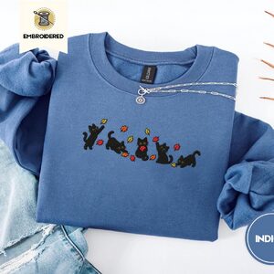 Indigo Blue Five Playful Black Cats Embroidered Sweatshirt