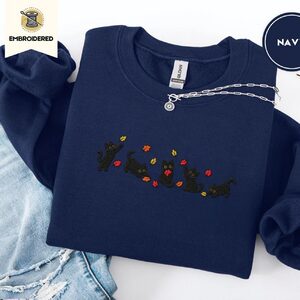 Navy Five Playful Black Cats Embroidered Sweatshirt