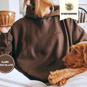 Person wearing a dark chocolate Five Playful Foxes Embroidered Hoodie