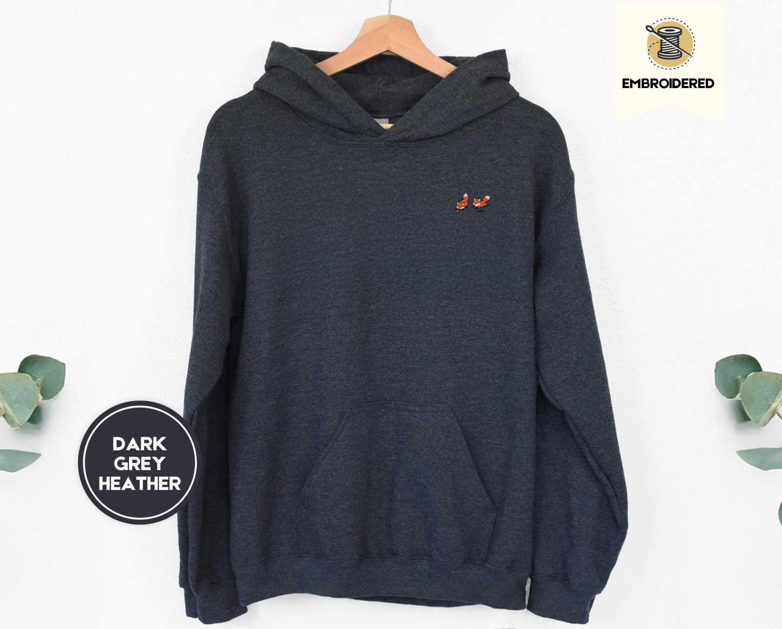 Dark Heather Five Playful Foxes Embroidered Hoodie