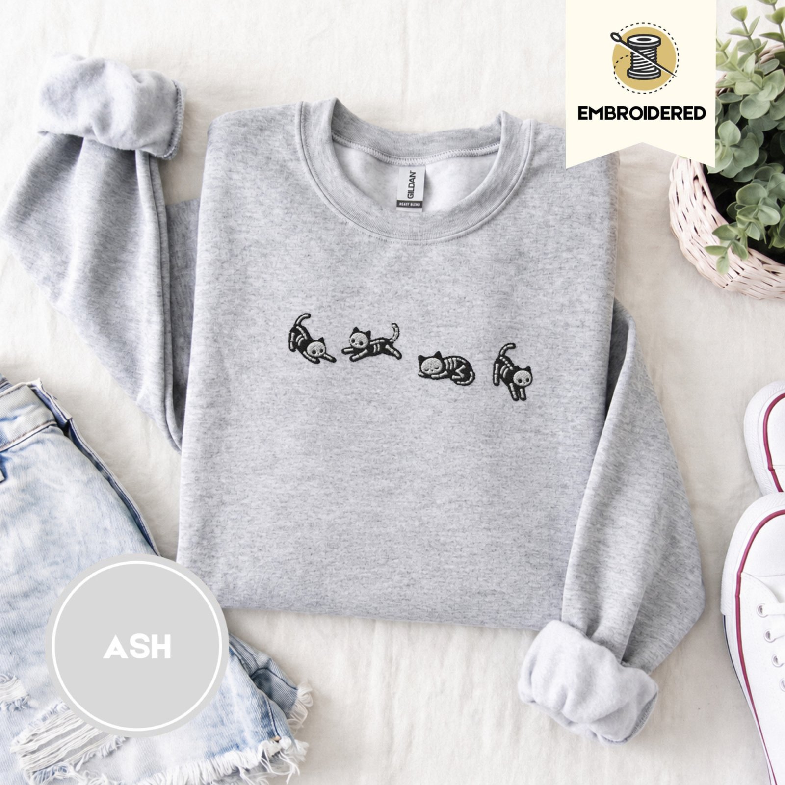 Ash Five Posing Skeleton Cats Embroidered Sweatshirt