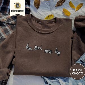 Dark Chocolate Five Posing Skeleton Cats Embroidered Sweatshirt